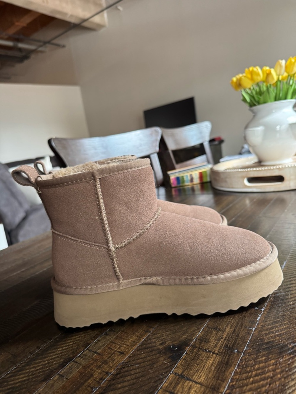 Suede Short Shearling-Lined Boots in Tan
